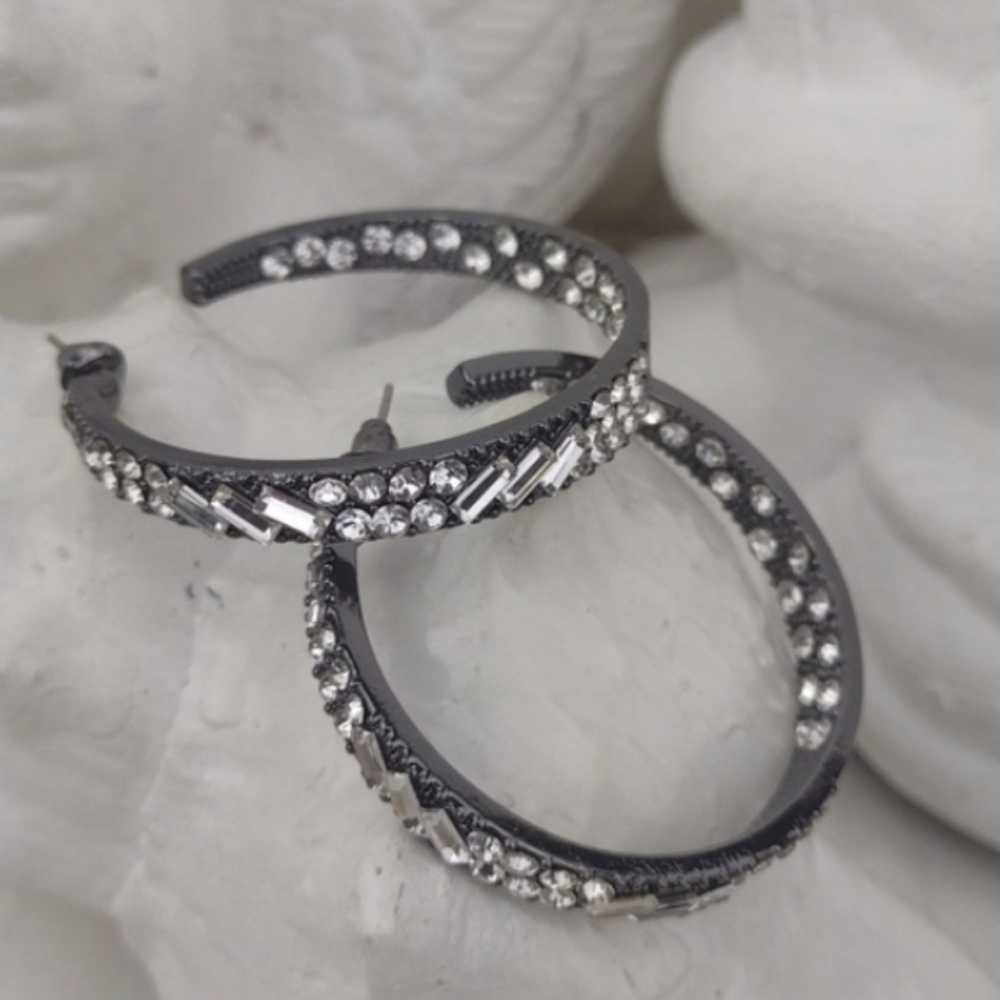 Gunmetal Gray Crystal Laden Edgy Cool Glam Hoop Earrings